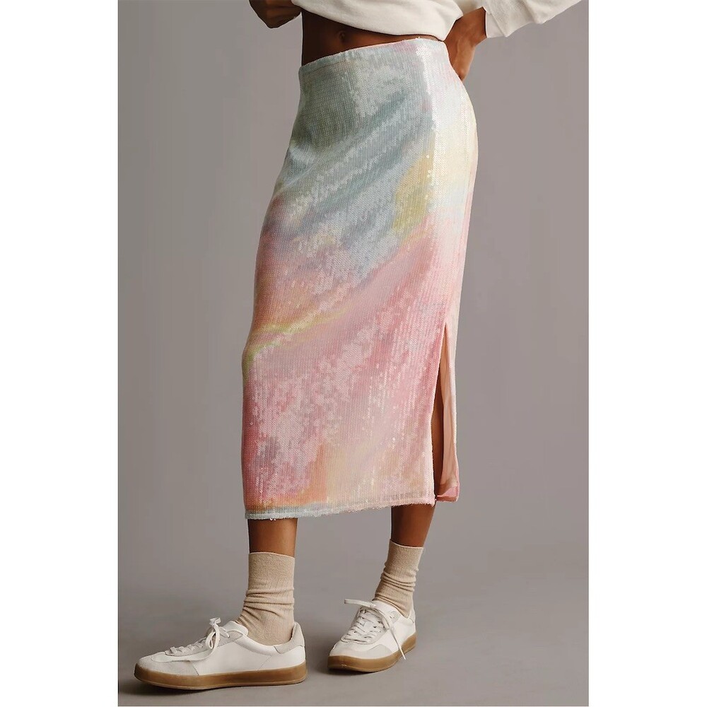 Hutch Anthropologie Rainbow Ombré Sequin Mesh Midi Slip Skirt Size M - Picture 3 of 11